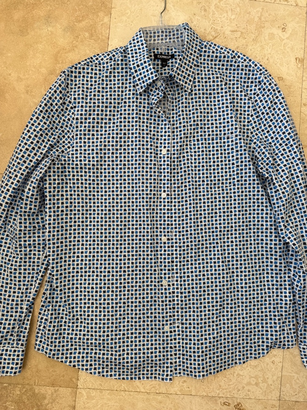 Express Men's White and Blue Geometric Button-Down Shirt